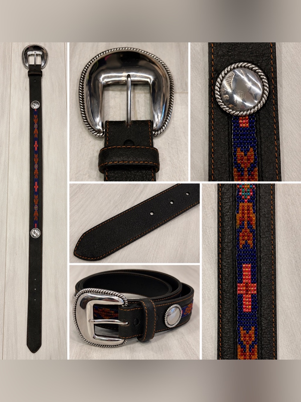 Dark Gray Beaded Accent Leather Belt - women’s